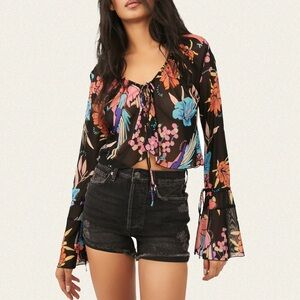 Free People Black Floral Tie-Front Blouse